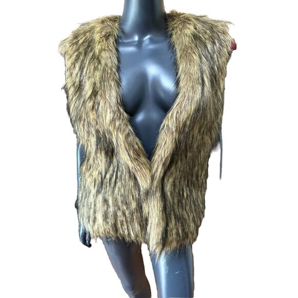 New Ellison Faux Fur Vest Women's Size M Brown Pockets Hook Eye Closure - Picture 6 of 10
